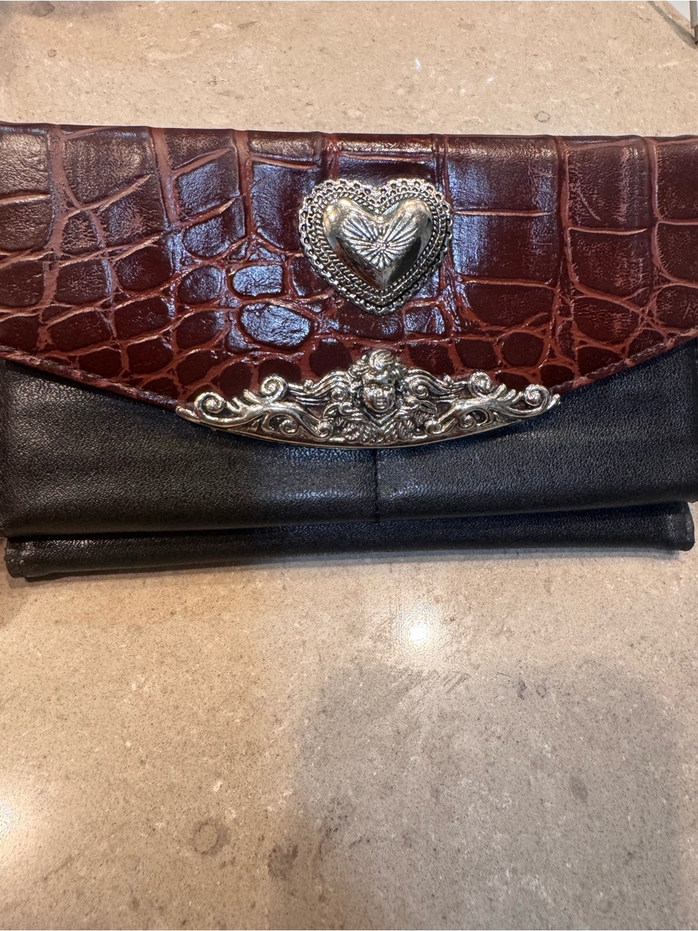 Brighton Brown Croc-Embossed and Black Leather Clutch with Silver Heart Accent